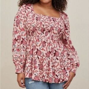 Torrid Babydoll Rayon Slub W/Lace Inset Smocked Tiered Top